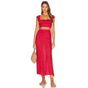 Free People Bijou 2 Pc‎ Skirt Set Cherry Red Floral Smocked Back Ruffle Sz 8